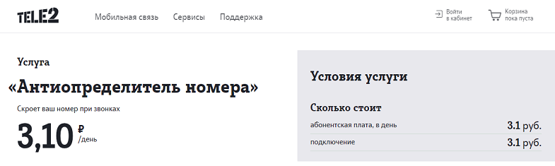 Стоимость антиопределителя номера Теле2
